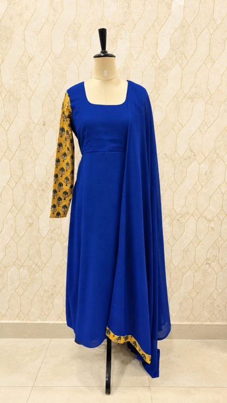 Royal Blue Georgette Top with Kalamkari Sleeves & Shawl