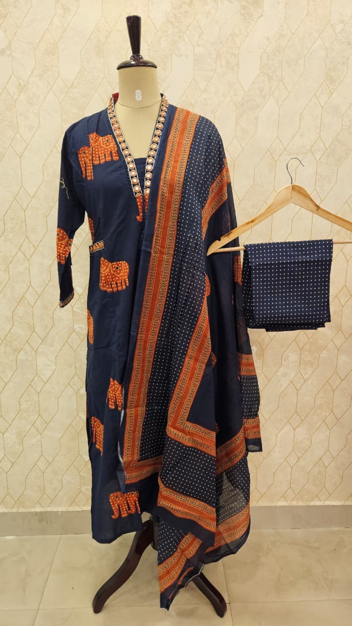 Navy Blue Elephant Print Cotton Salwar Suit Set with Dupatta