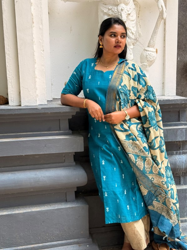 Teal Blue 3-Piece Set with Kalamkari Dupatta