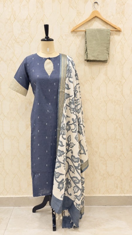 Ash Raw Silk Kurti Set with Kalamkari Duptta