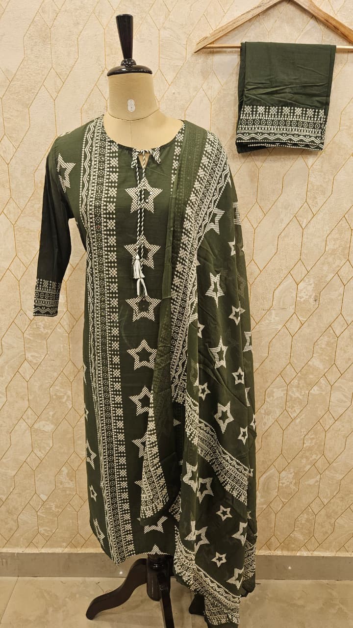 Olive Star Print Cotton Set with Printed Dupatta