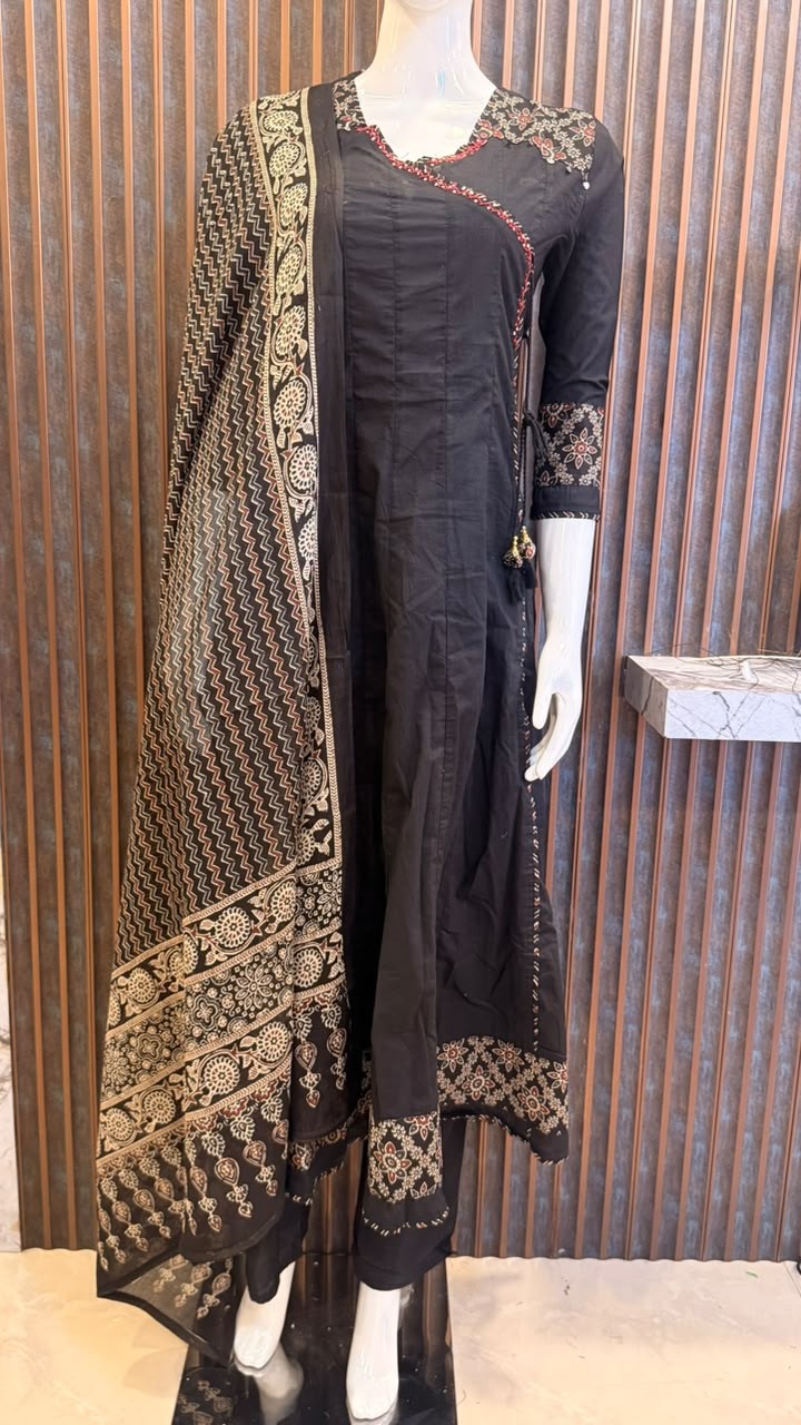 Black Printed Cotton Suit Set with Designer Dupatta