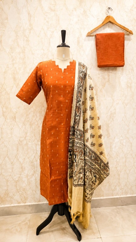 Rust Raw Silk 3-Piece Suit Set with Madhubani Dupatta