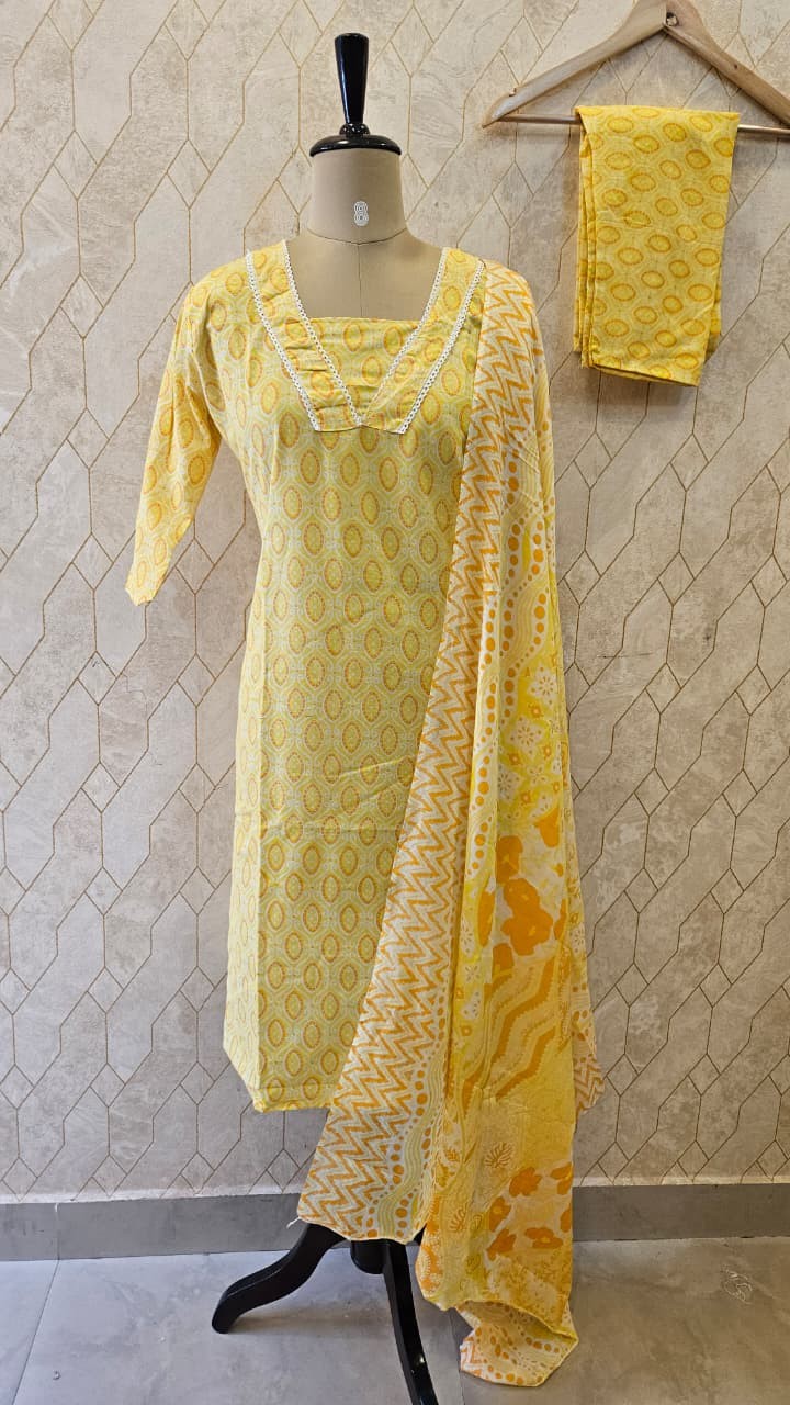 Sunlit Marigold Cotton Set with Dupatta