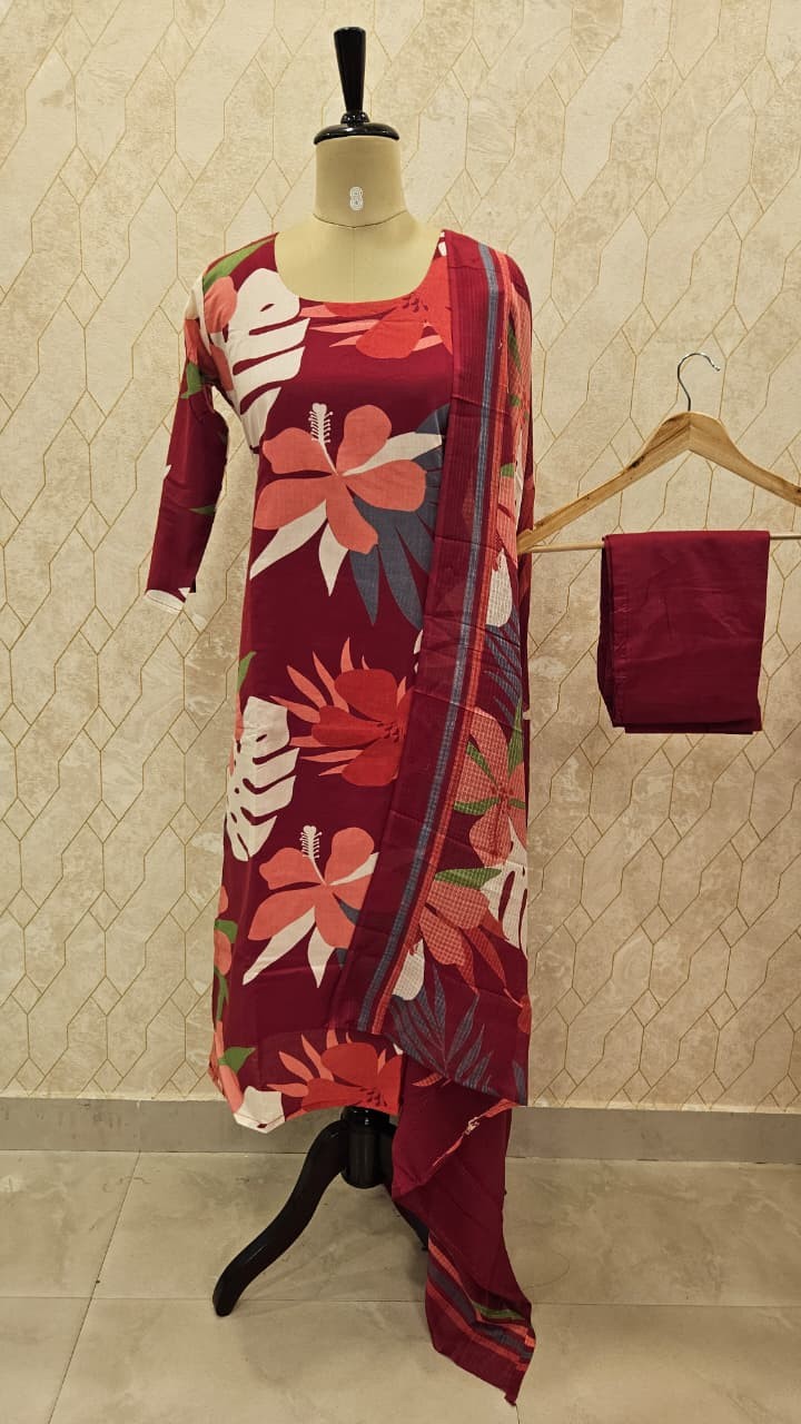 Crimson Hibiscus Cotton Suit Set