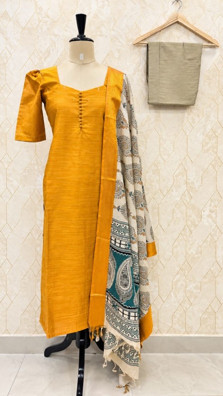 Mango Yellow Raw Silk Kurti with Kalamkari Printed Dupatta