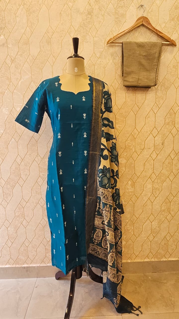 Teal Blue 3-Piece Set with Kalamkari Dupatta